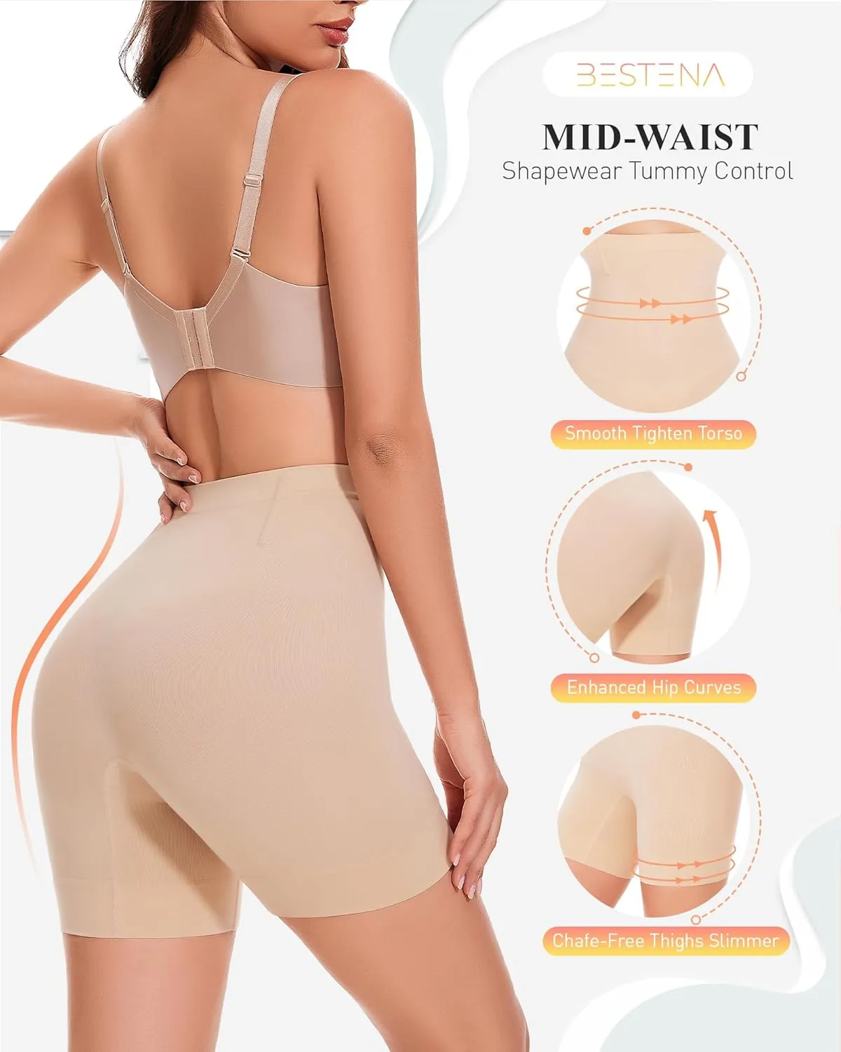 BESTENA Shapewear Shorts,Mid-Waist Body Shaper Shorts,Womens Shapewear Tummy Control,Seamless Shapewear for Under Dresses