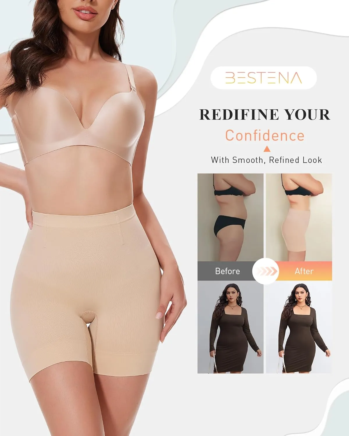 BESTENA Shapewear Shorts,Mid-Waist Body Shaper Shorts,Womens Shapewear Tummy Control,Seamless Shapewear for Under Dresses