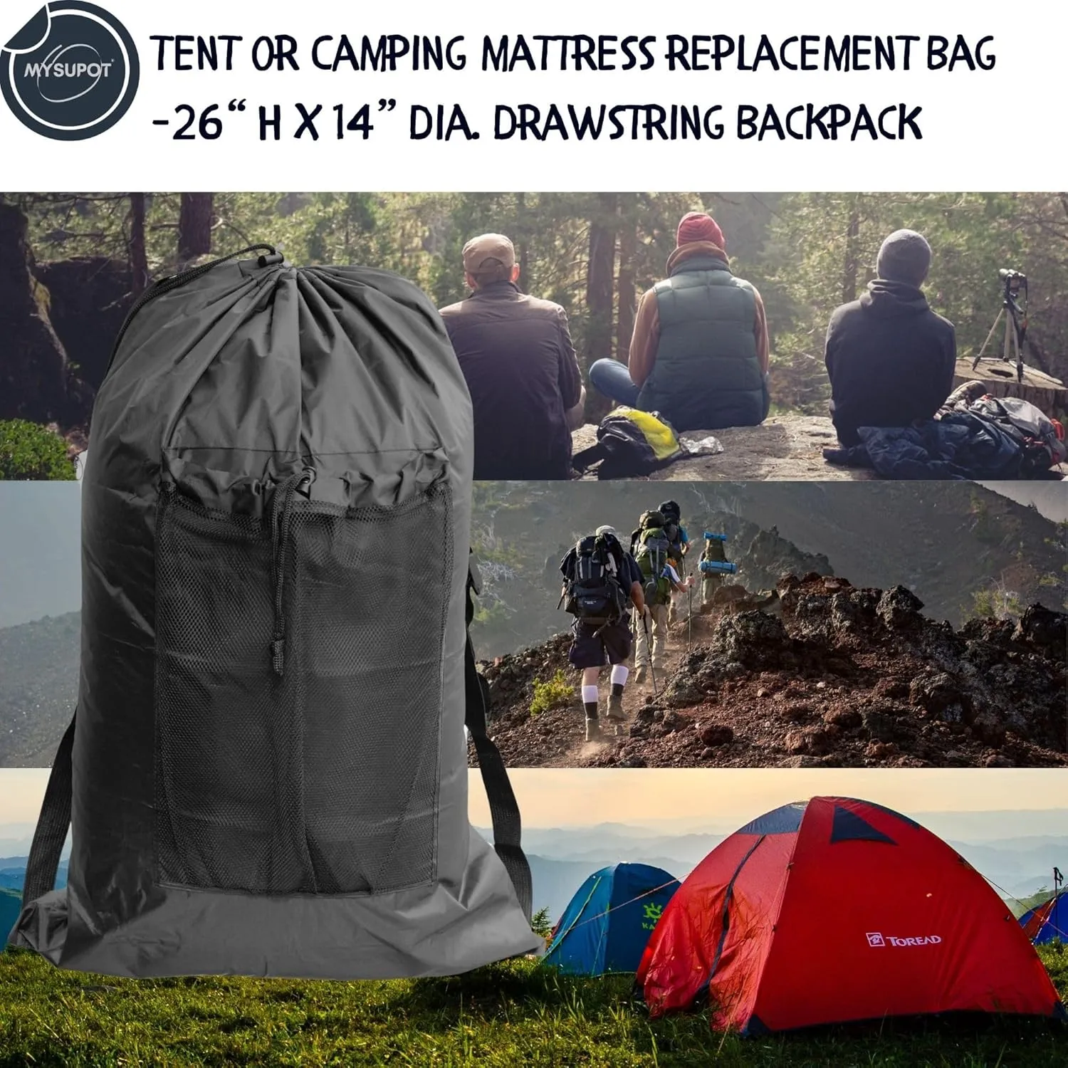 BLACK (26" H x 14" Dia.) Tent Replacement Bag, Tent Bag. Also, for Flip Seat, Bleacher Seat, Booster Seat, Stroller, Laundry, & Camping. 420D Polyester w/Adjustable Straps & Mesh Pocket.