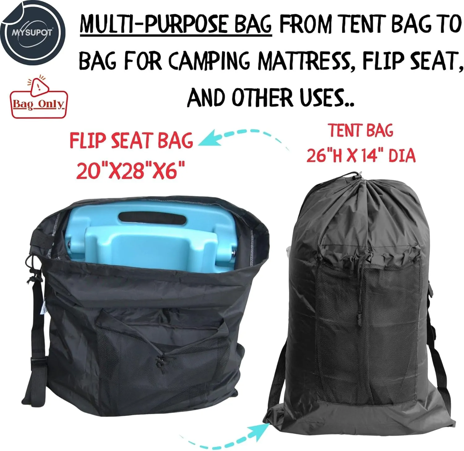 BLACK (26" H x 14" Dia.) Tent Replacement Bag, Tent Bag. Also, for Flip Seat, Bleacher Seat, Booster Seat, Stroller, Laundry, & Camping. 420D Polyester w/Adjustable Straps & Mesh Pocket.