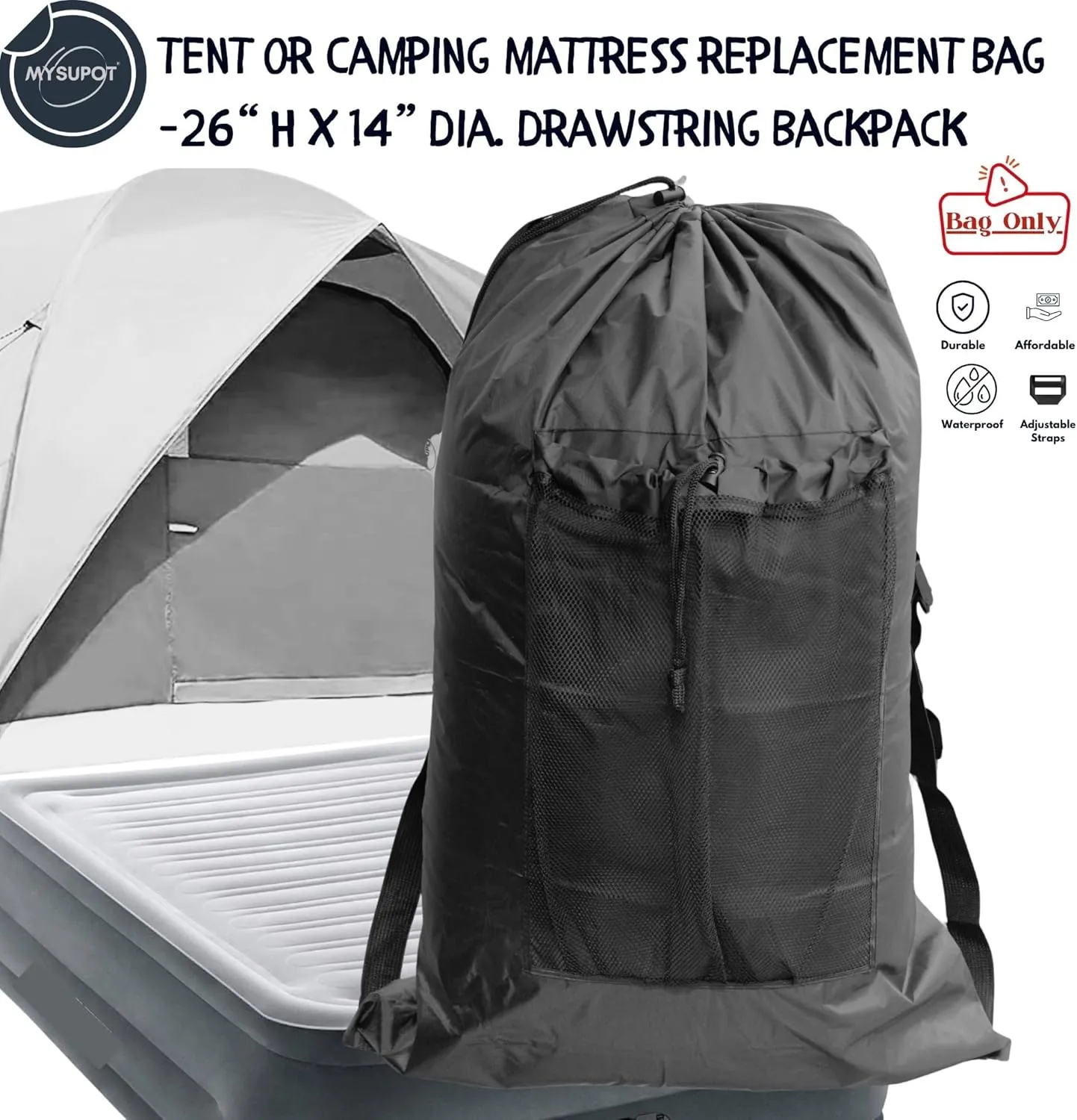 BLACK (26" H x 14" Dia.) Tent Replacement Bag, Tent Bag. Also, for Flip Seat, Bleacher Seat, Booster Seat, Stroller, Laundry, & Camping. 420D Polyester w/Adjustable Straps & Mesh Pocket.