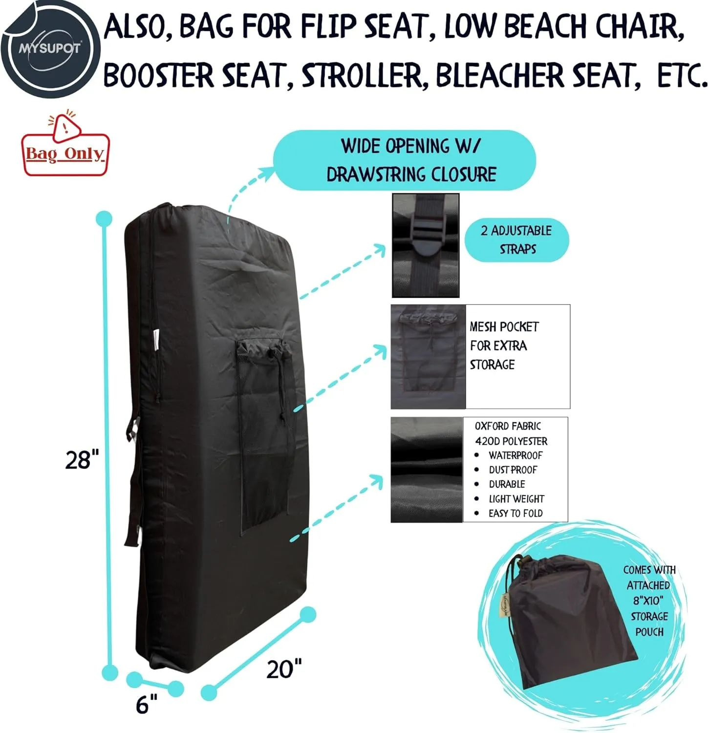 BLACK (26" H x 14" Dia.) Tent Replacement Bag, Tent Bag. Also, for Flip Seat, Bleacher Seat, Booster Seat, Stroller, Laundry, & Camping. 420D Polyester w/Adjustable Straps & Mesh Pocket.