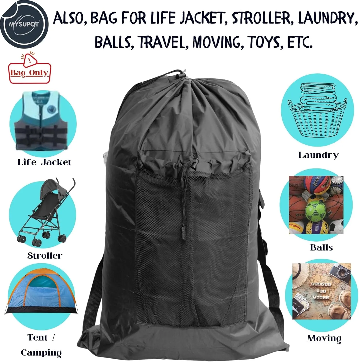 BLACK (26" H x 14" Dia.) Tent Replacement Bag, Tent Bag. Also, for Flip Seat, Bleacher Seat, Booster Seat, Stroller, Laundry, & Camping. 420D Polyester w/Adjustable Straps & Mesh Pocket.