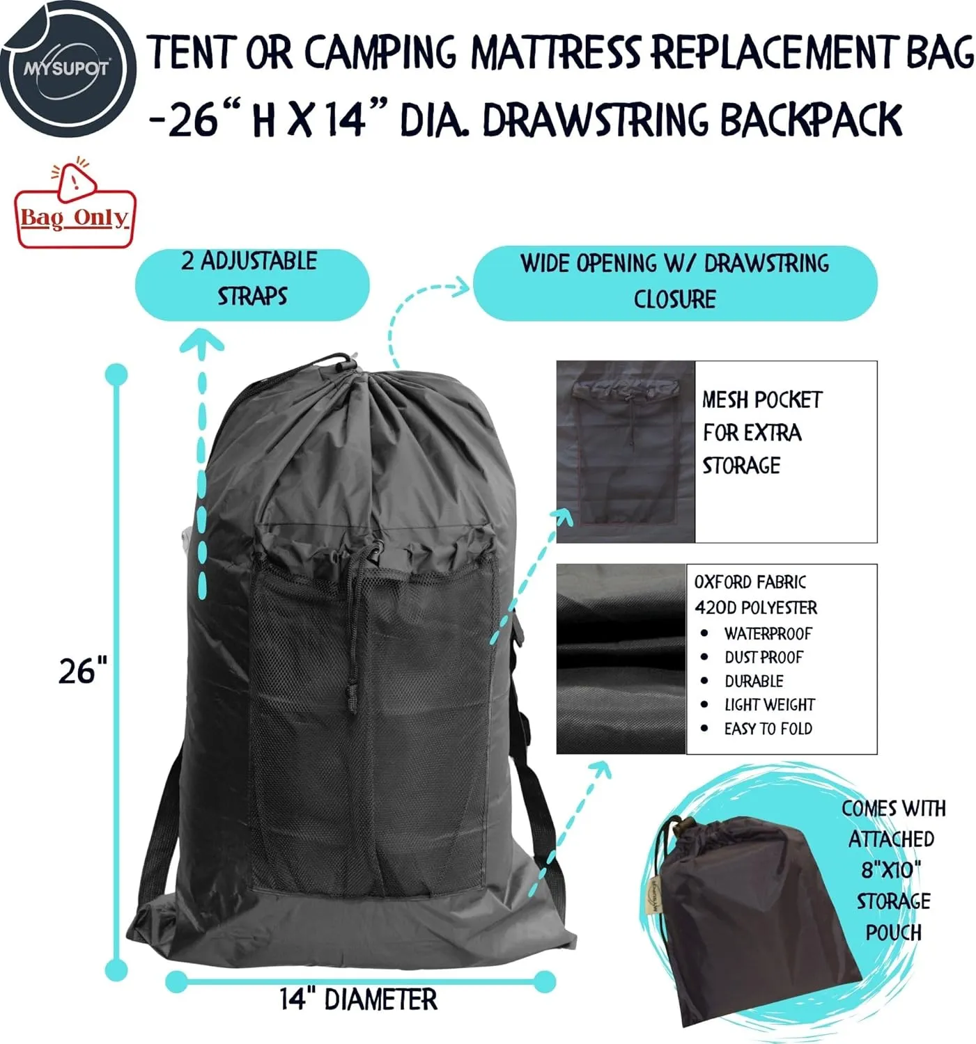 BLACK (26" H x 14" Dia.) Tent Replacement Bag, Tent Bag. Also, for Flip Seat, Bleacher Seat, Booster Seat, Stroller, Laundry, & Camping. 420D Polyester w/Adjustable Straps & Mesh Pocket.