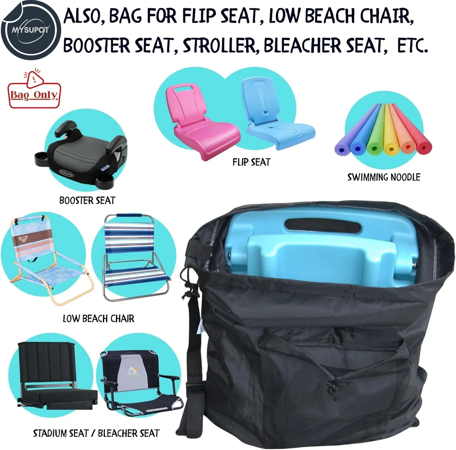 BLACK (26" H x 14" Dia.) Tent Replacement Bag, Tent Bag. Also, for Flip Seat, Bleacher Seat, Booster Seat, Stroller, Laundry, & Camping. 420D Polyester w/Adjustable Straps & Mesh Pocket.