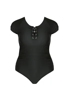 Black Short Sleeve Tie Front One Piece Swimwear