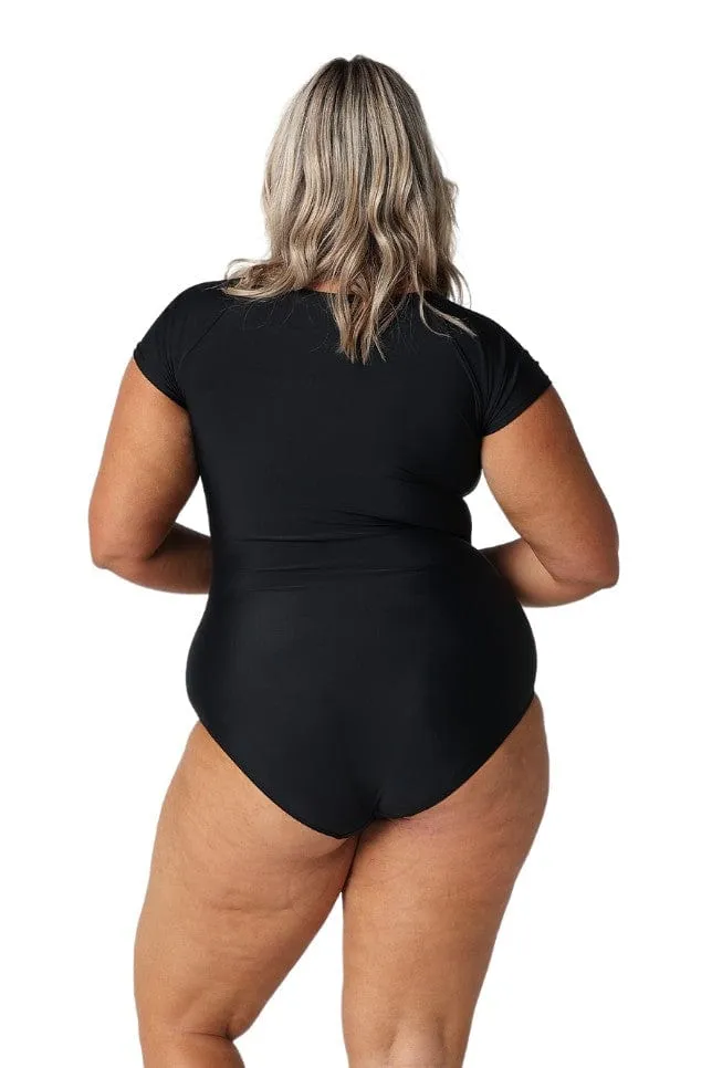 Black Short Sleeve Tie Front One Piece Swimwear