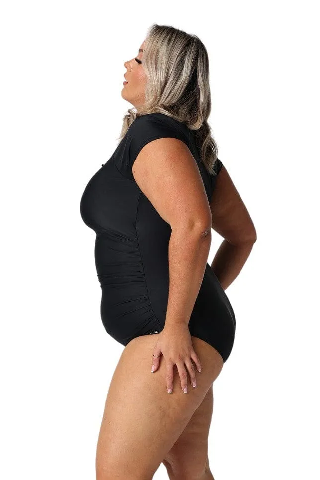 Black Short Sleeve Tie Front One Piece Swimwear