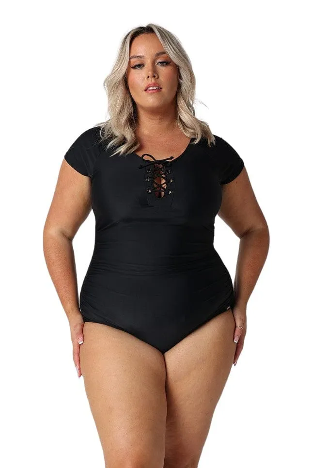 Black Short Sleeve Tie Front One Piece Swimwear