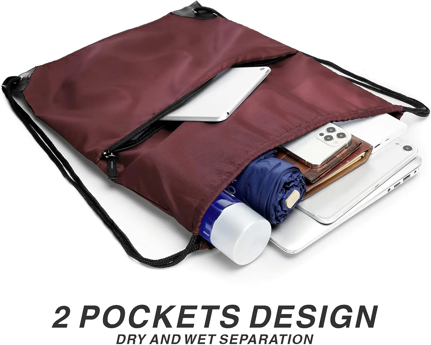 BuyAgain Drawstring Backpack Sports Water Resistant String Bag Sport Gym Sackpack for Women Men Large with Zipper, Burgundy