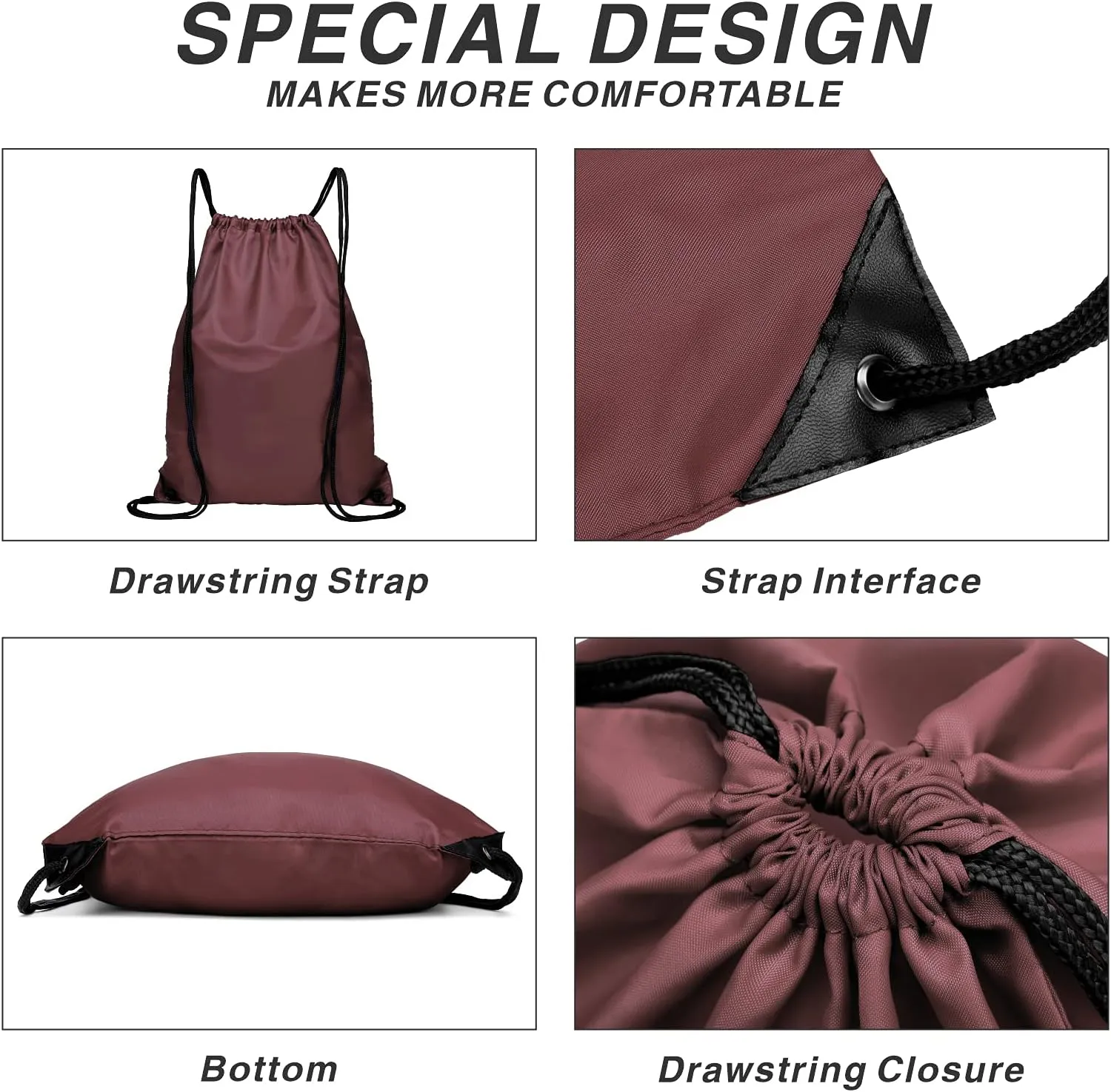 BuyAgain Drawstring Backpack Sports Water Resistant String Bag Sport Gym Sackpack for Women Men Large with Zipper, Burgundy