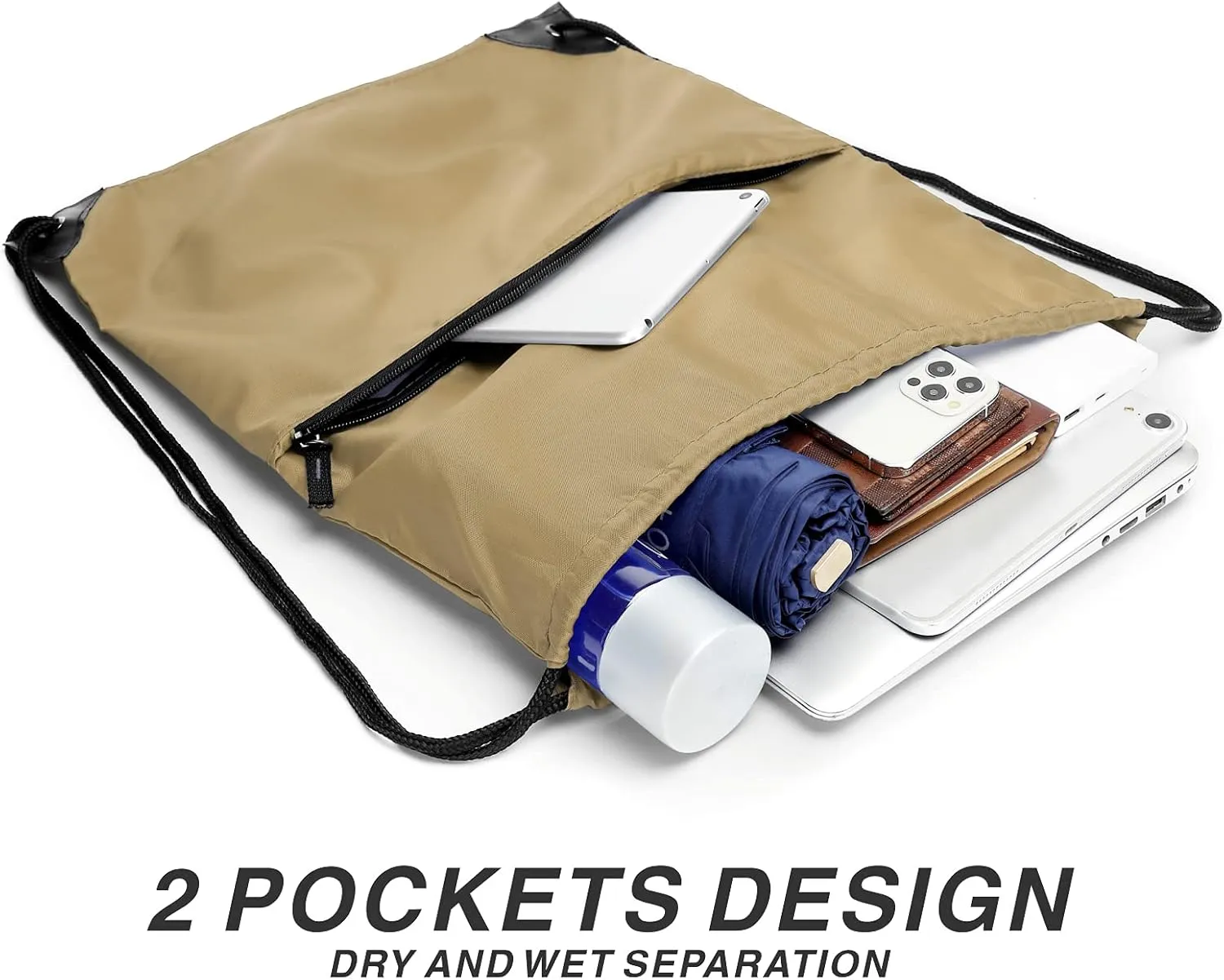 BuyAgain Drawstring Backpack Sports Water Resistant String Bag Sport Gym Sackpack for Women Men Large with Zipper, Khaki