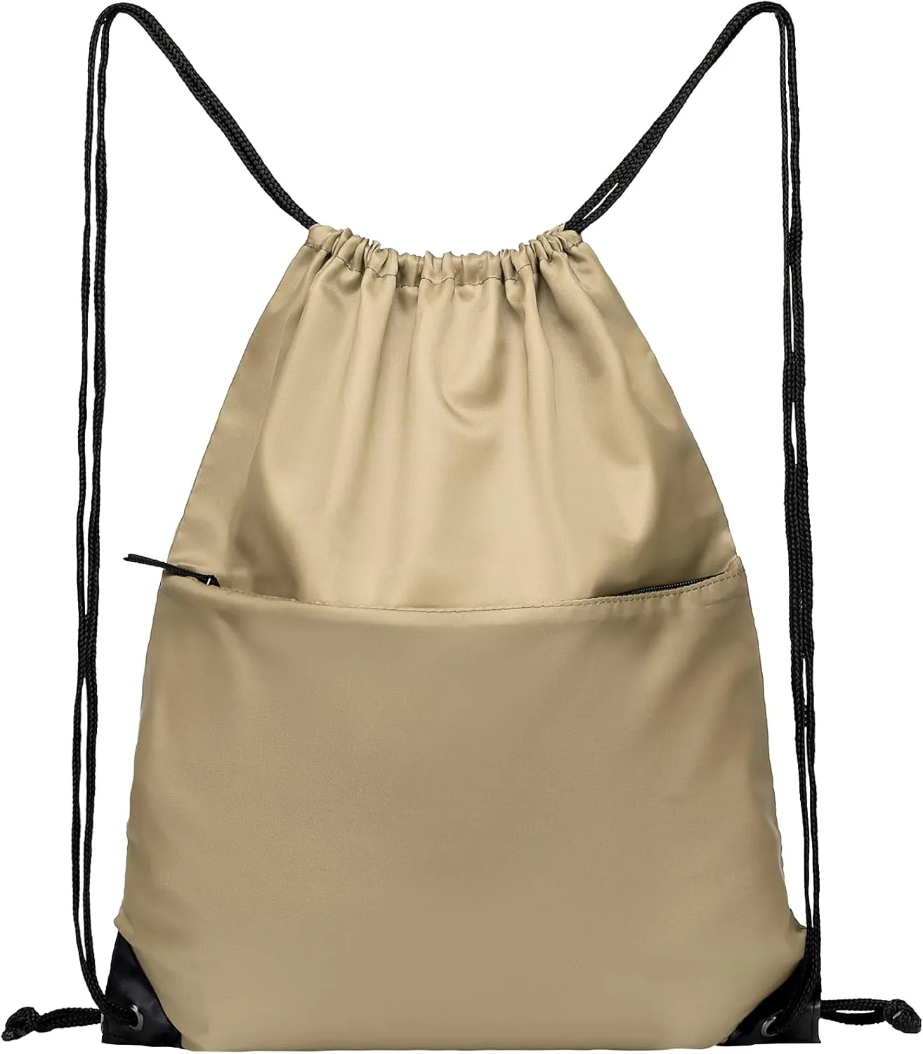 BuyAgain Drawstring Backpack Sports Water Resistant String Bag Sport Gym Sackpack for Women Men Large with Zipper, Khaki