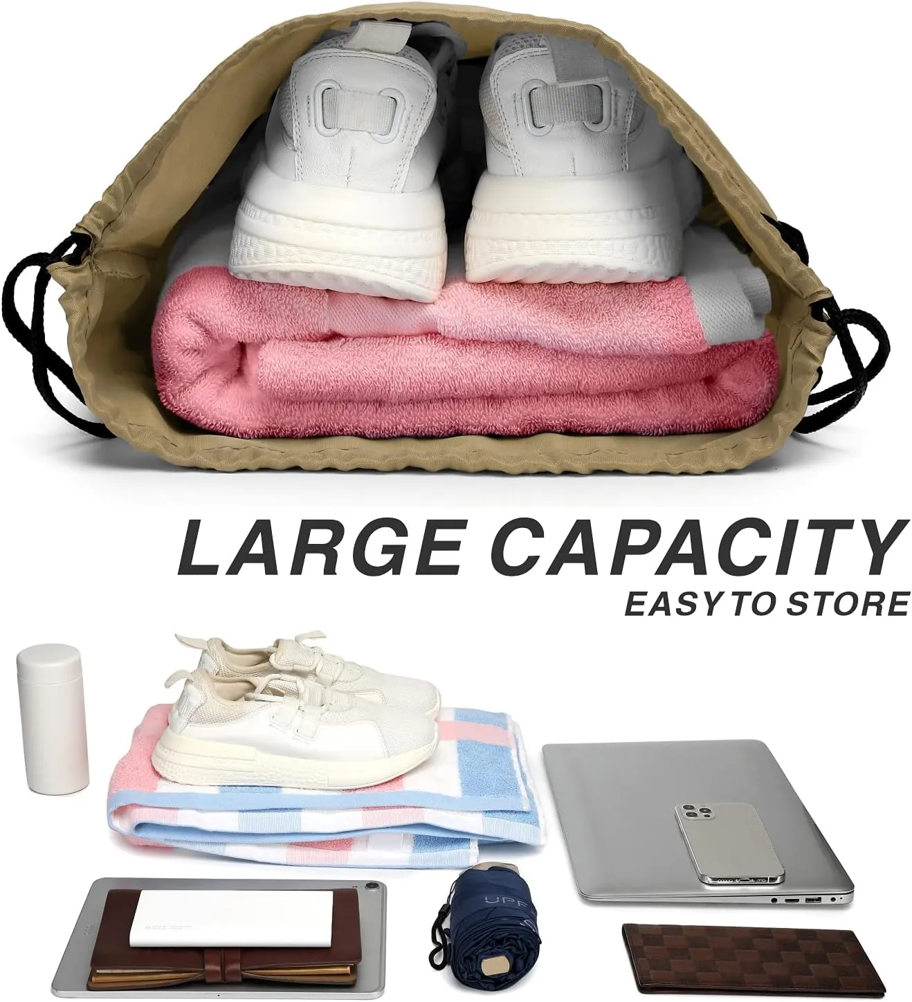 BuyAgain Drawstring Backpack Sports Water Resistant String Bag Sport Gym Sackpack for Women Men Large with Zipper, Khaki