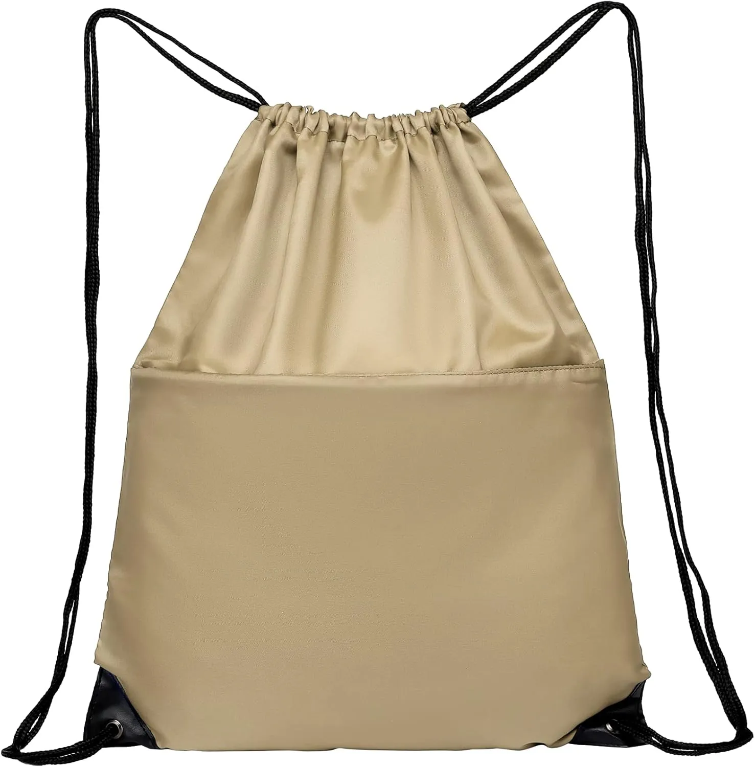 BuyAgain Drawstring Backpack Sports Water Resistant String Bag Sport Gym Sackpack for Women Men Large with Zipper, Khaki