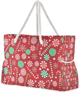 Candy Cane and Lollipop Pattern Beach Bags for Women Ladies Large Canvas Tote Shoulder Bag Waterproof Travel Bags for Gym Swim Pool Camping