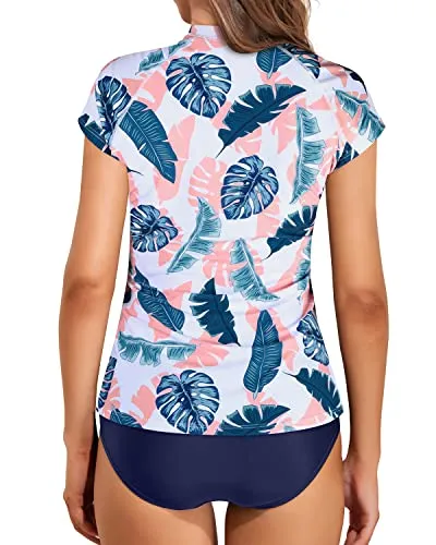Cap Sleeve Women's Swim Shirt With Half Front Zipper-Blue Pink Leaves