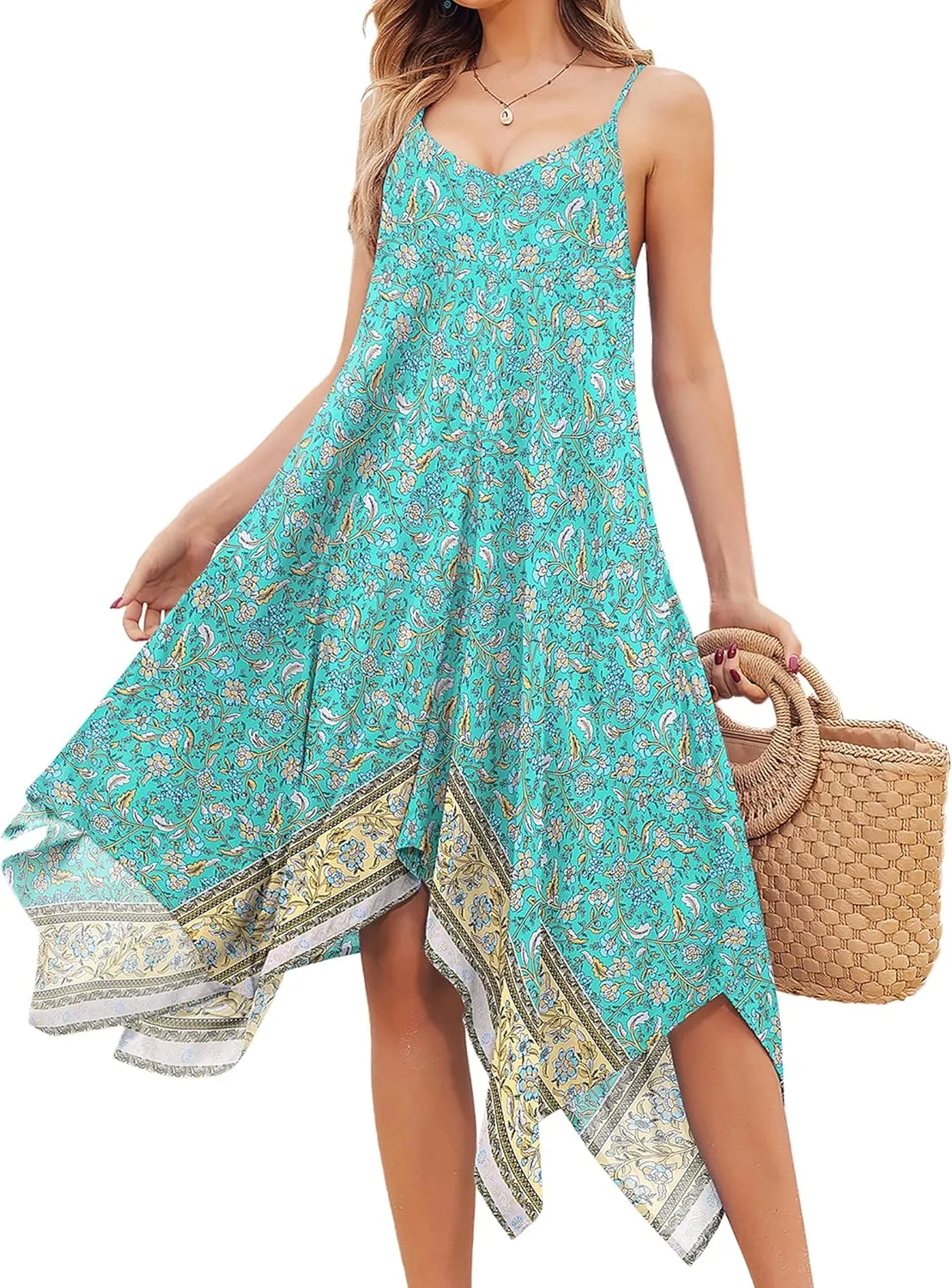 Chigant Women's 2025 Summer Dress Casual Boho Sundress Spaghetti Strap Swimwear Cover Up Beach Flowy Midi Vacation Dresses