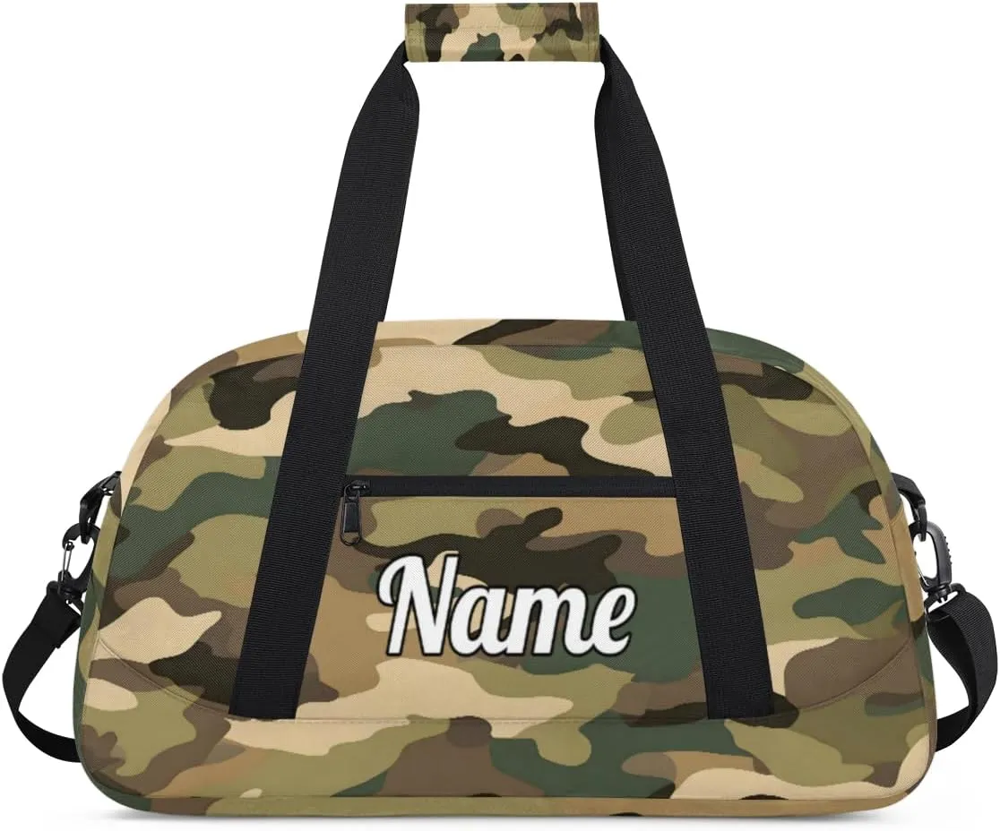 Classic Woodland Camo Personalized Kids Gym Bag Custom Dance Bag with Name Sport Duffel Bag for Girls Boys Weekender Overnight Travel Bag