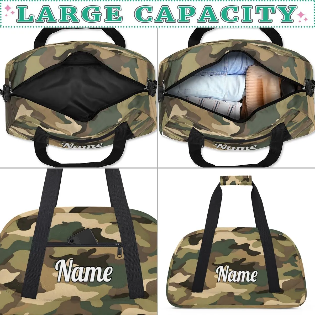 Classic Woodland Camo Personalized Kids Gym Bag Custom Dance Bag with Name Sport Duffel Bag for Girls Boys Weekender Overnight Travel Bag