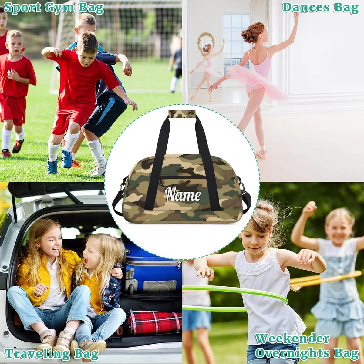Classic Woodland Camo Personalized Kids Gym Bag Custom Dance Bag with Name Sport Duffel Bag for Girls Boys Weekender Overnight Travel Bag