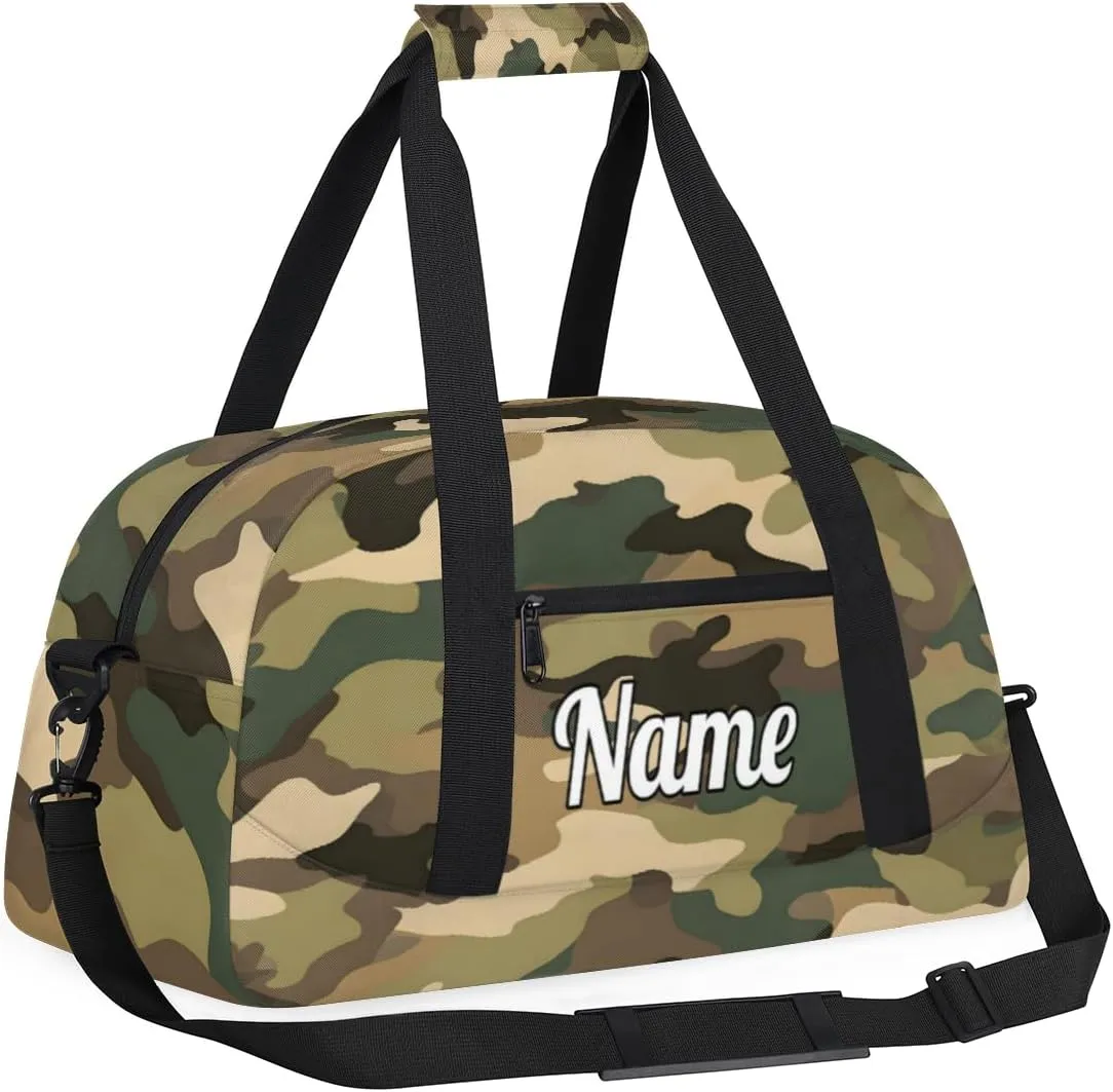 Classic Woodland Camo Personalized Kids Gym Bag Custom Dance Bag with Name Sport Duffel Bag for Girls Boys Weekender Overnight Travel Bag