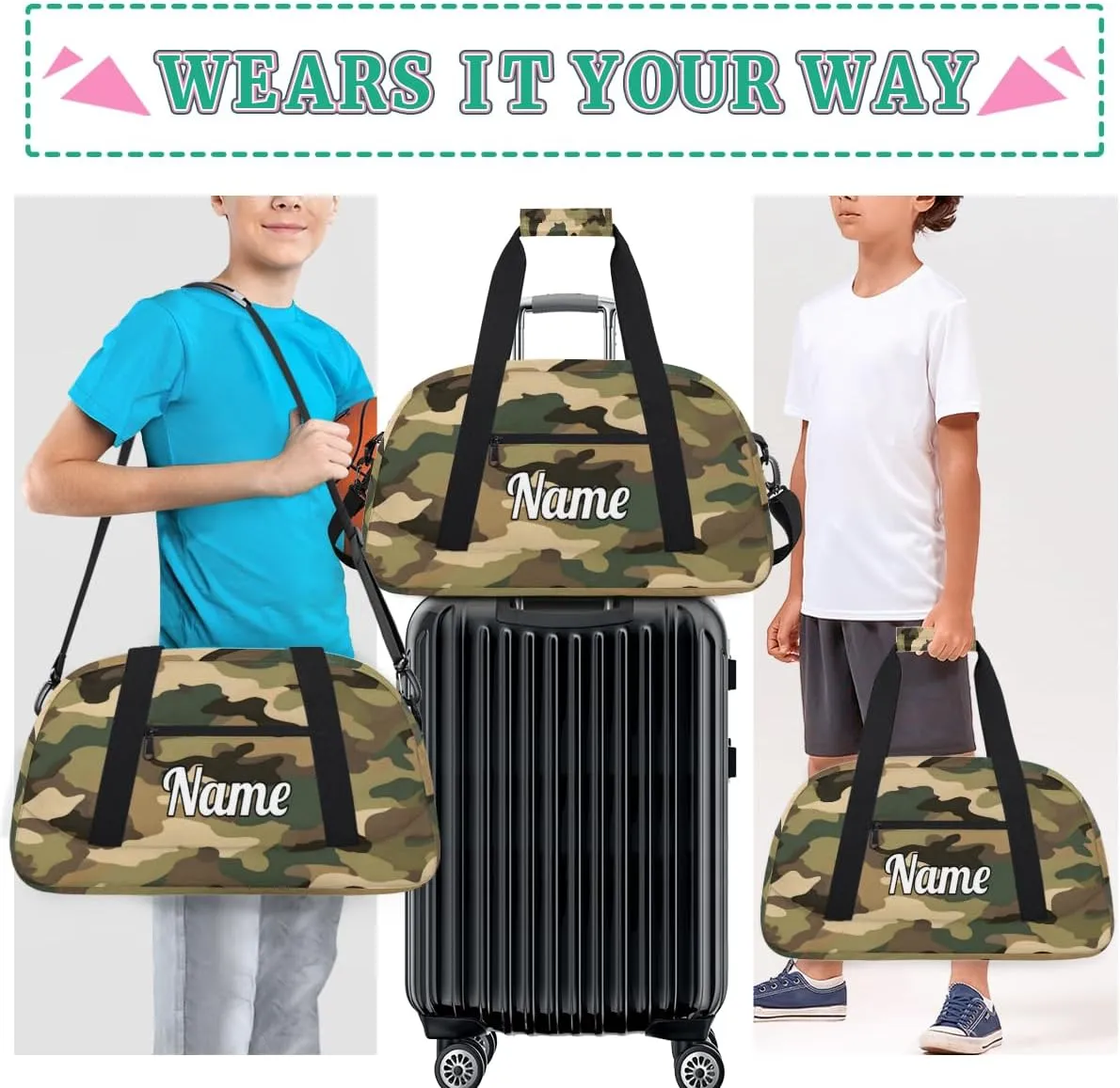 Classic Woodland Camo Personalized Kids Gym Bag Custom Dance Bag with Name Sport Duffel Bag for Girls Boys Weekender Overnight Travel Bag