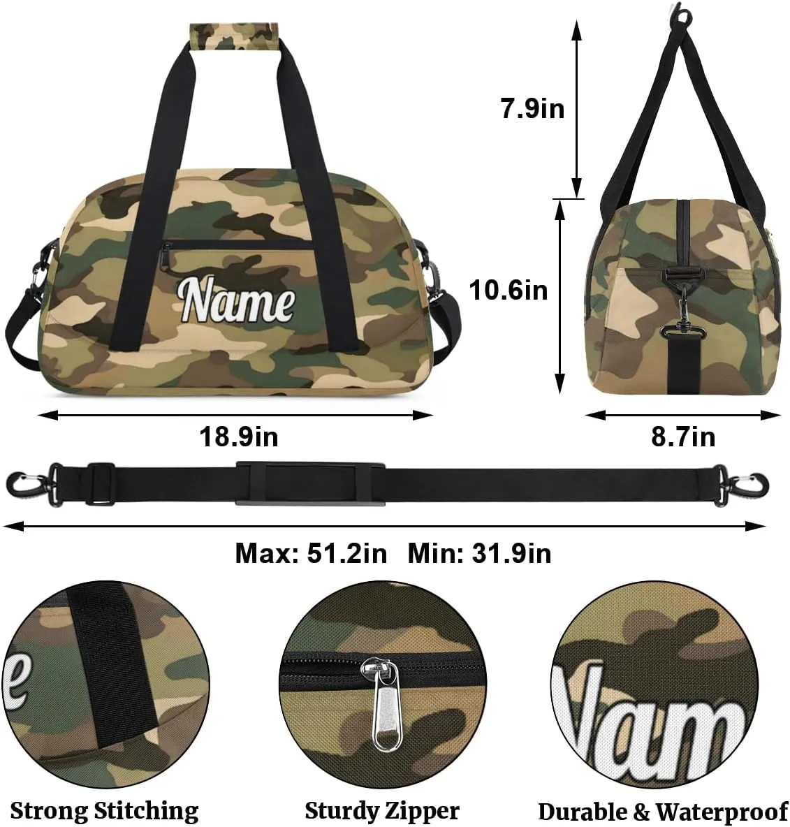 Classic Woodland Camo Personalized Kids Gym Bag Custom Dance Bag with Name Sport Duffel Bag for Girls Boys Weekender Overnight Travel Bag