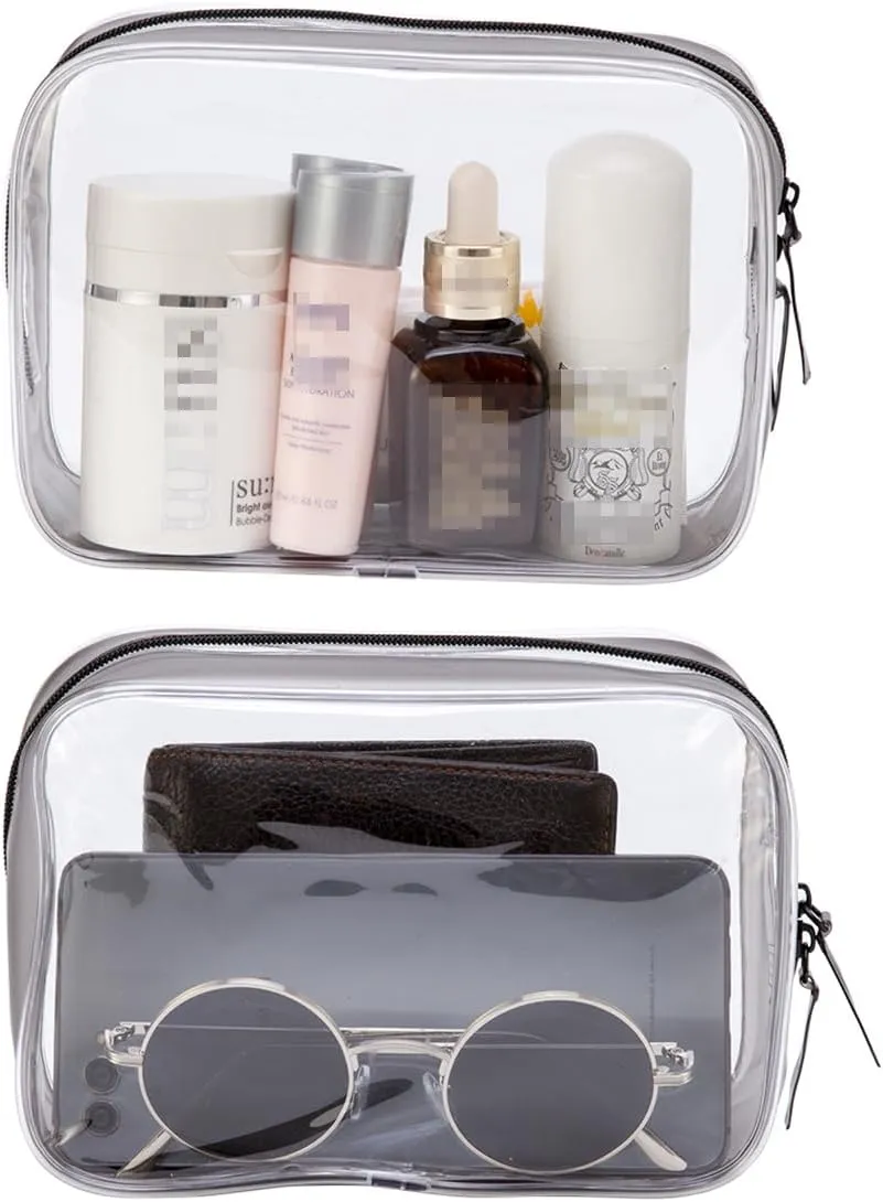 Clear Plastic Black Zippered Toiletry Carry Pouch TSA Approved Toiletry Bag Portable Cosmetic Makeup Bag for Vacation, Bathroom and Organizing (Black 3Pcs, Small)
