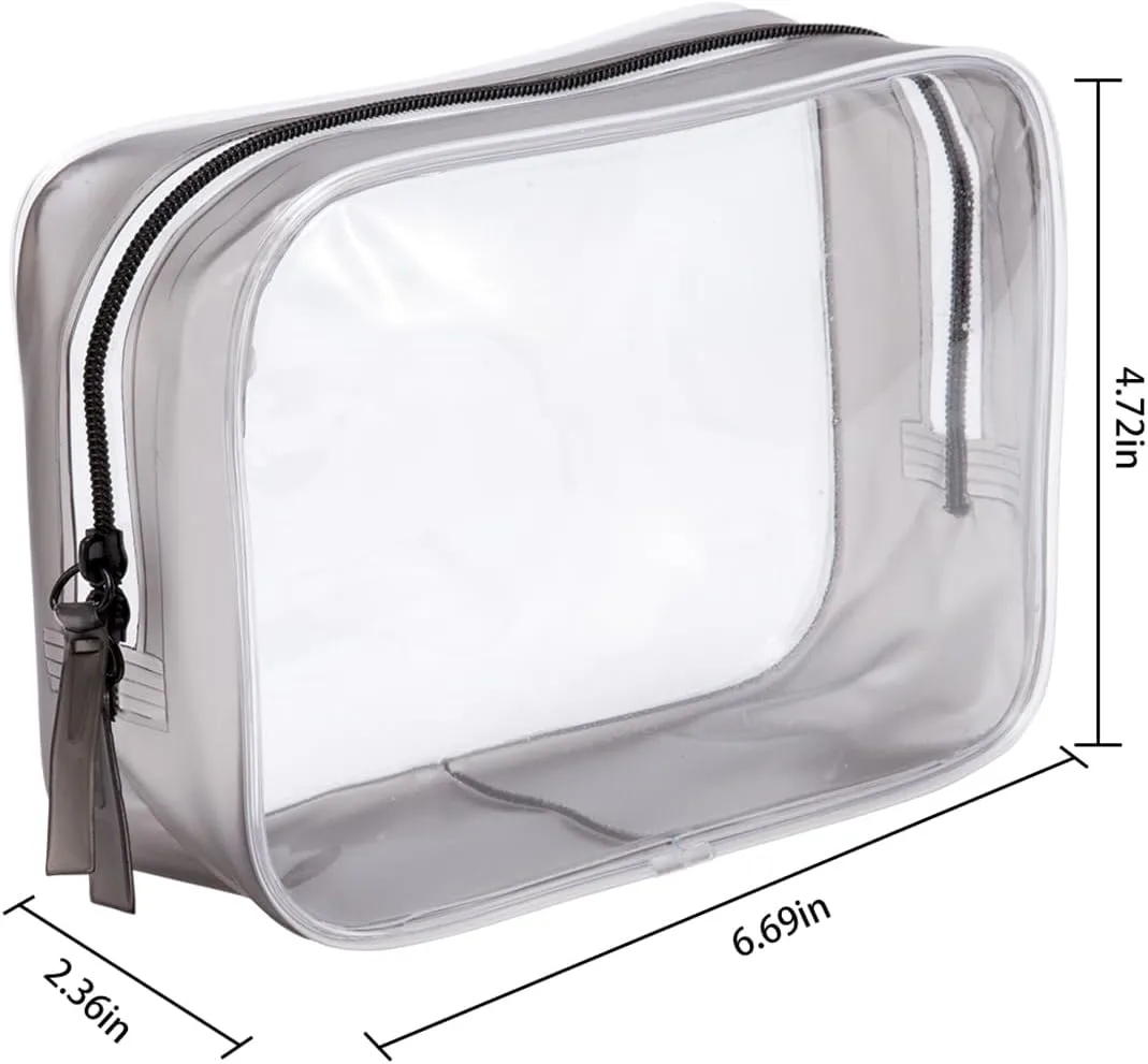 Clear Plastic Black Zippered Toiletry Carry Pouch TSA Approved Toiletry Bag Portable Cosmetic Makeup Bag for Vacation, Bathroom and Organizing (Black 3Pcs, Small)