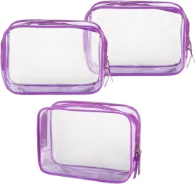 Clear Plastic Violet Zippered Toiletry Carry Pouch TSA Approved Toiletry Bag Portable Cosmetic Makeup Bag for Vacation, Bathroom and Organizing (Violet 3Pcs, Small)