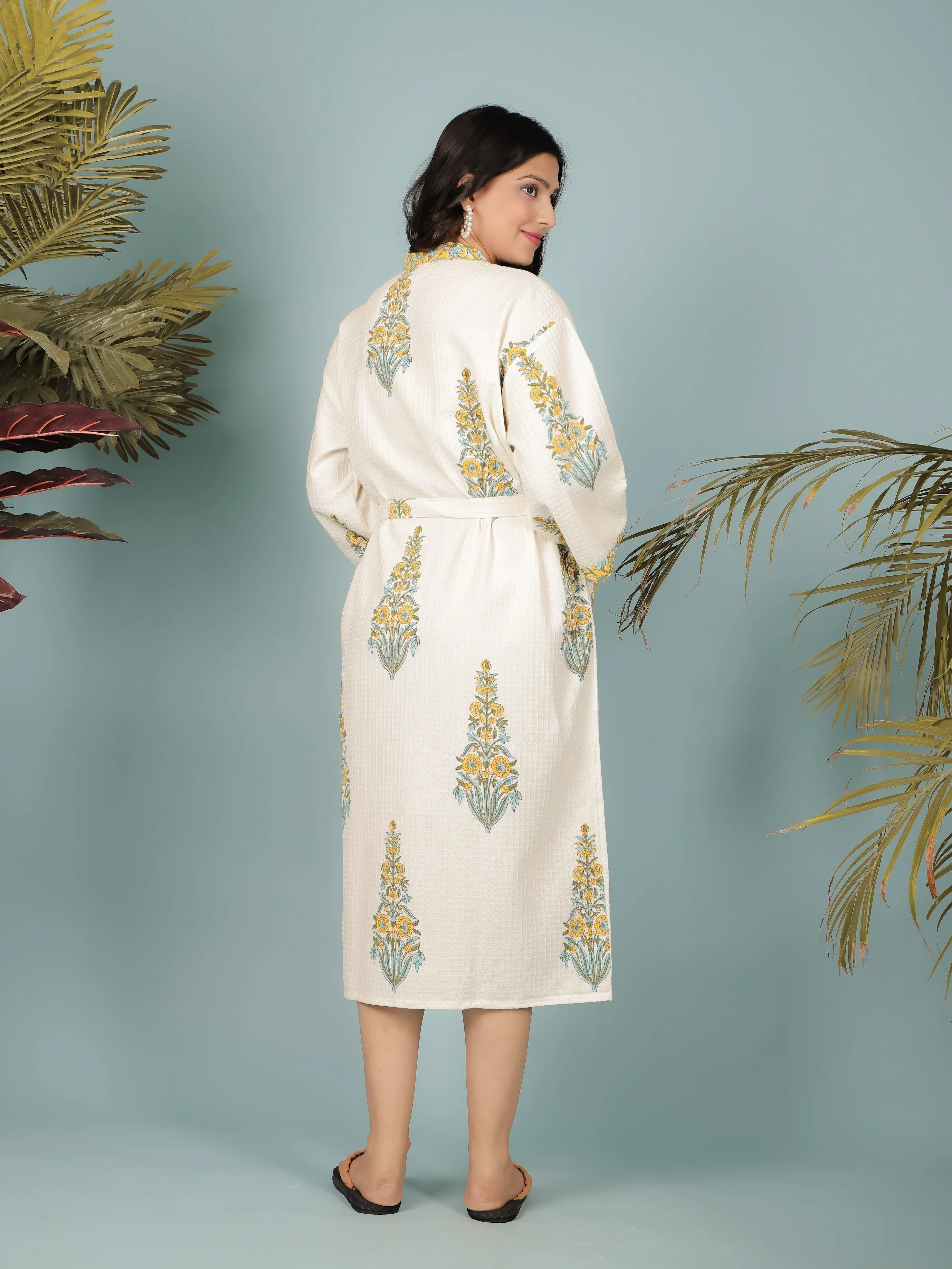 Cream Madurai Cotton Handblock Printed Unisex Bathrobe