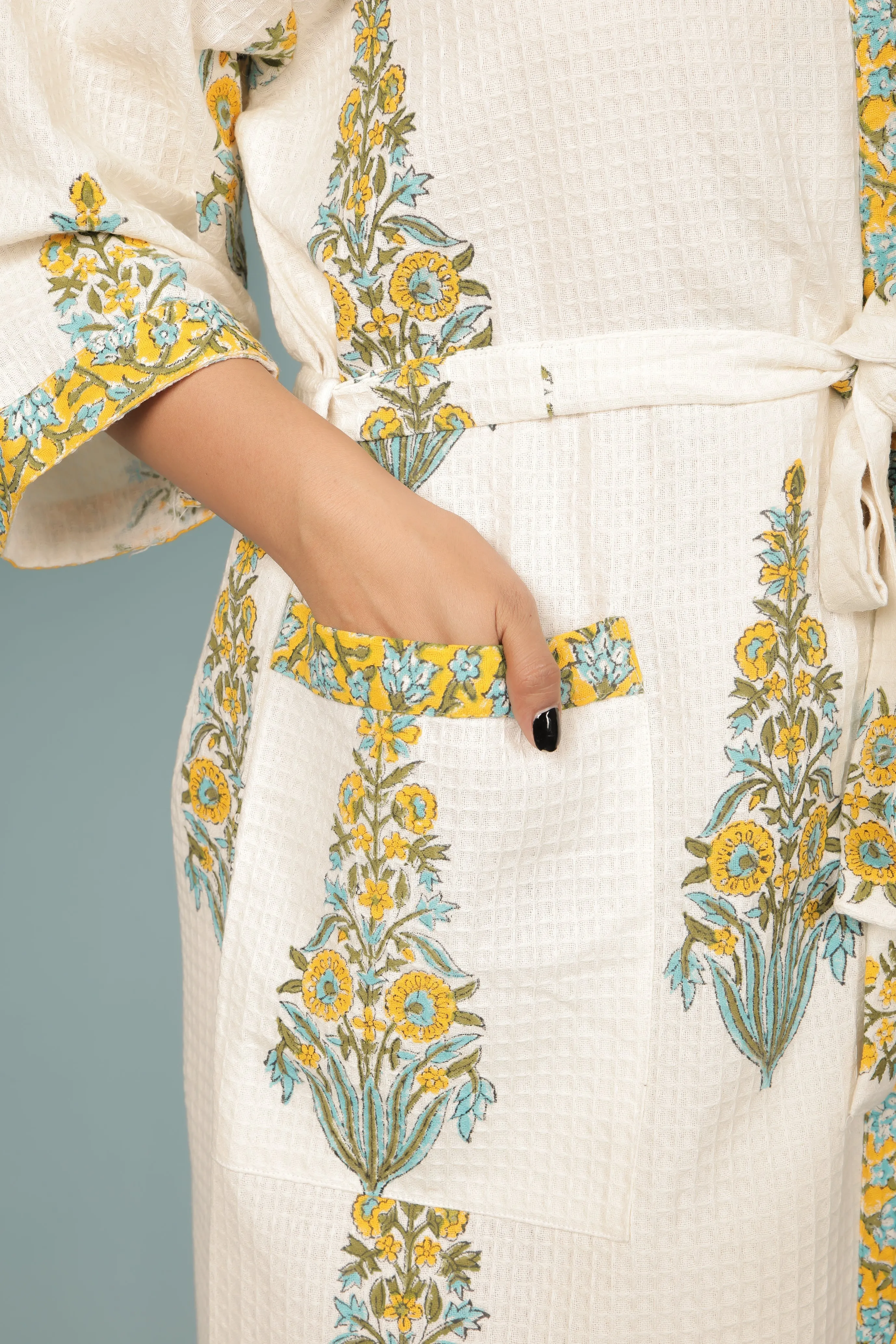 Cream Madurai Cotton Handblock Printed Unisex Bathrobe