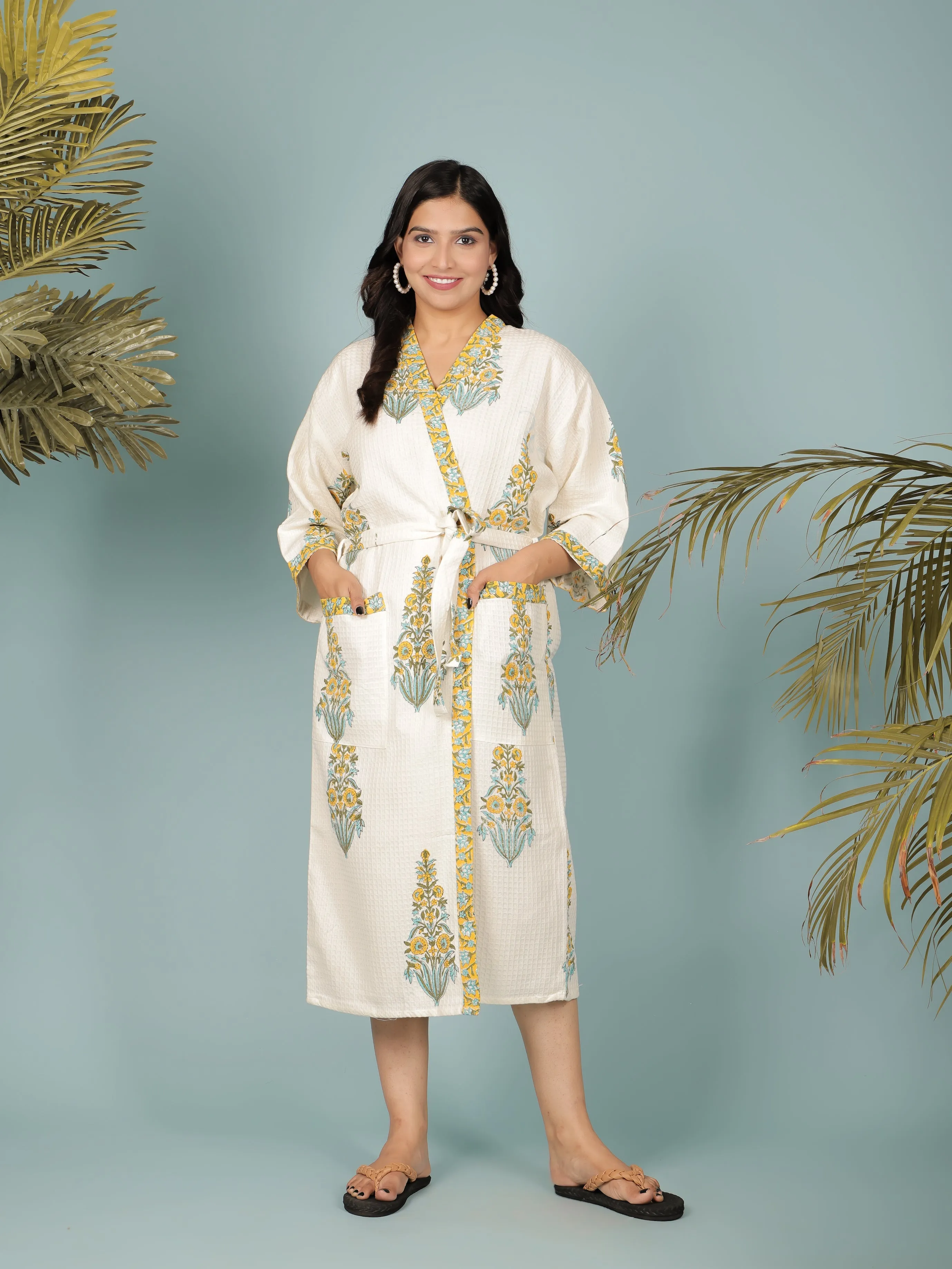 Cream Madurai Cotton Handblock Printed Unisex Bathrobe