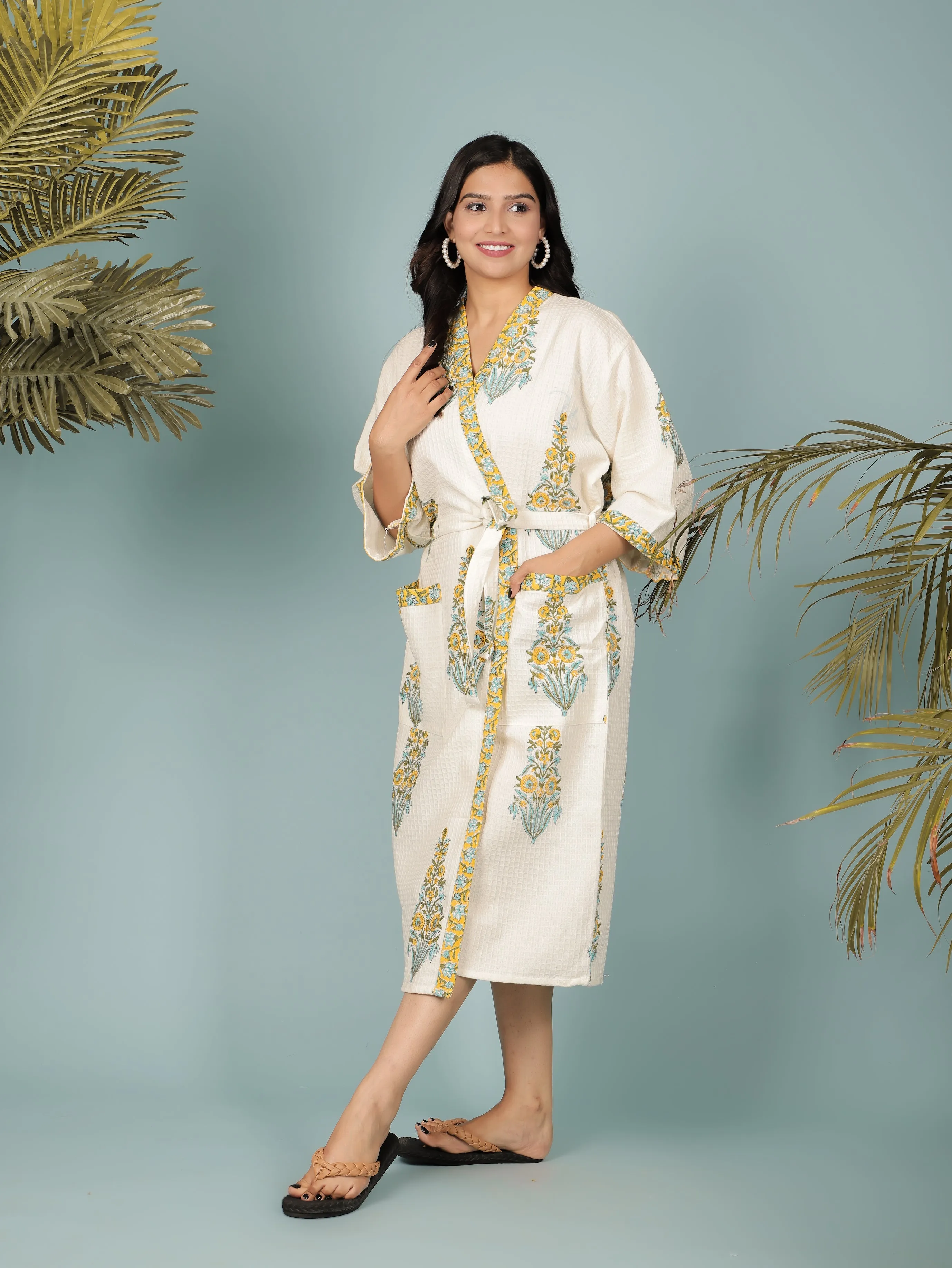 Cream Madurai Cotton Handblock Printed Unisex Bathrobe