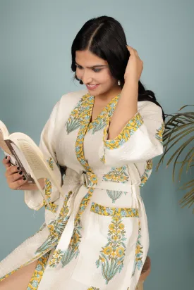 Cream Madurai Cotton Handblock Printed Unisex Bathrobe