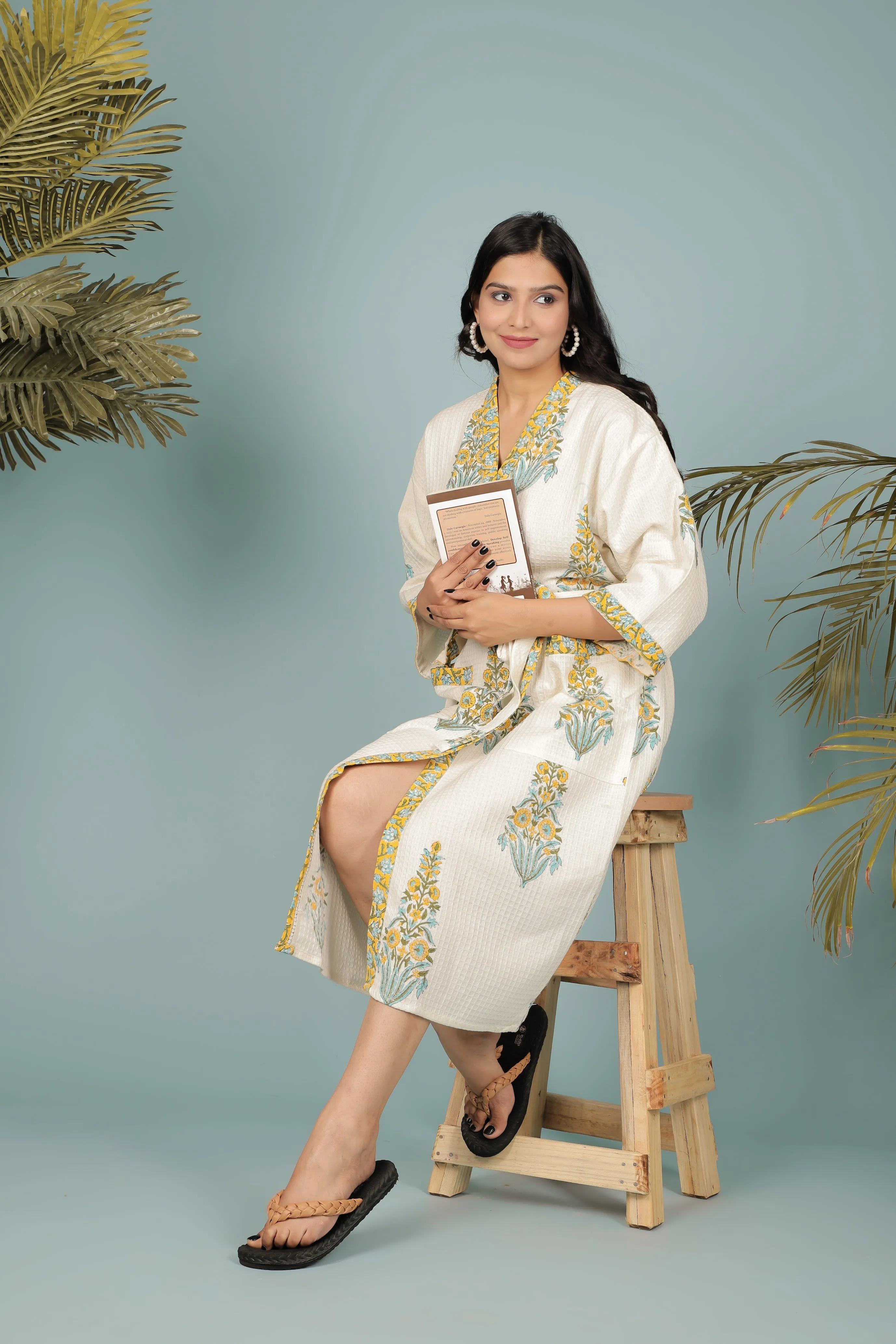 Cream Madurai Cotton Handblock Printed Unisex Bathrobe