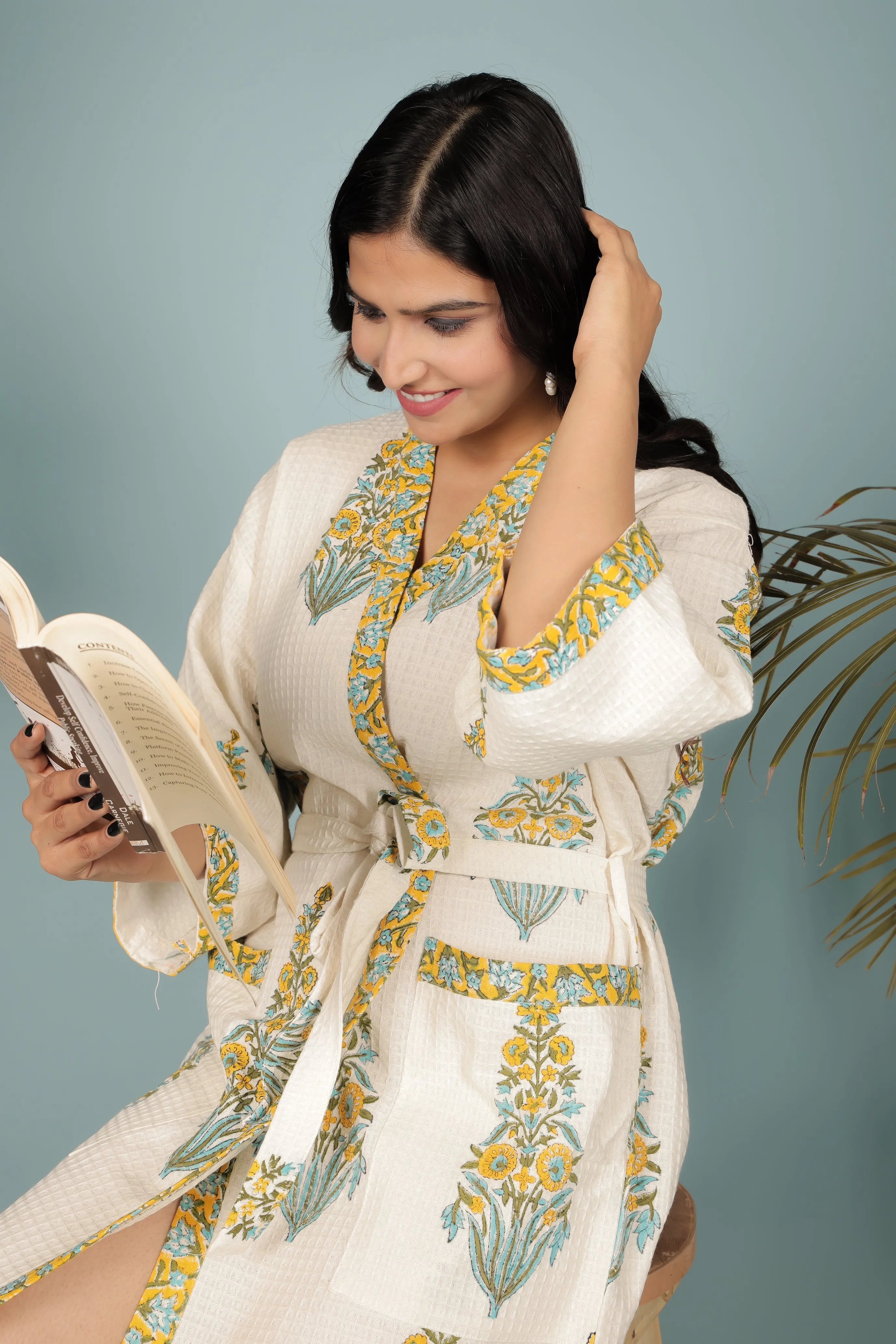 Cream Madurai Cotton Handblock Printed Unisex Bathrobe