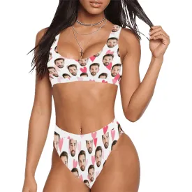 Custom Photo Face Print Bikini Set, Personalized White Hearts High Waisted Bottom Swimsuit Wedding Bride Plus Size Bathing Suit Two Piece