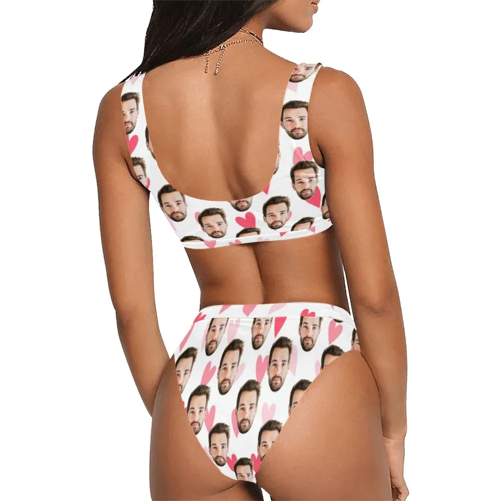 Custom Photo Face Print Bikini Set, Personalized White Hearts High Waisted Bottom Swimsuit Wedding Bride Plus Size Bathing Suit Two Piece