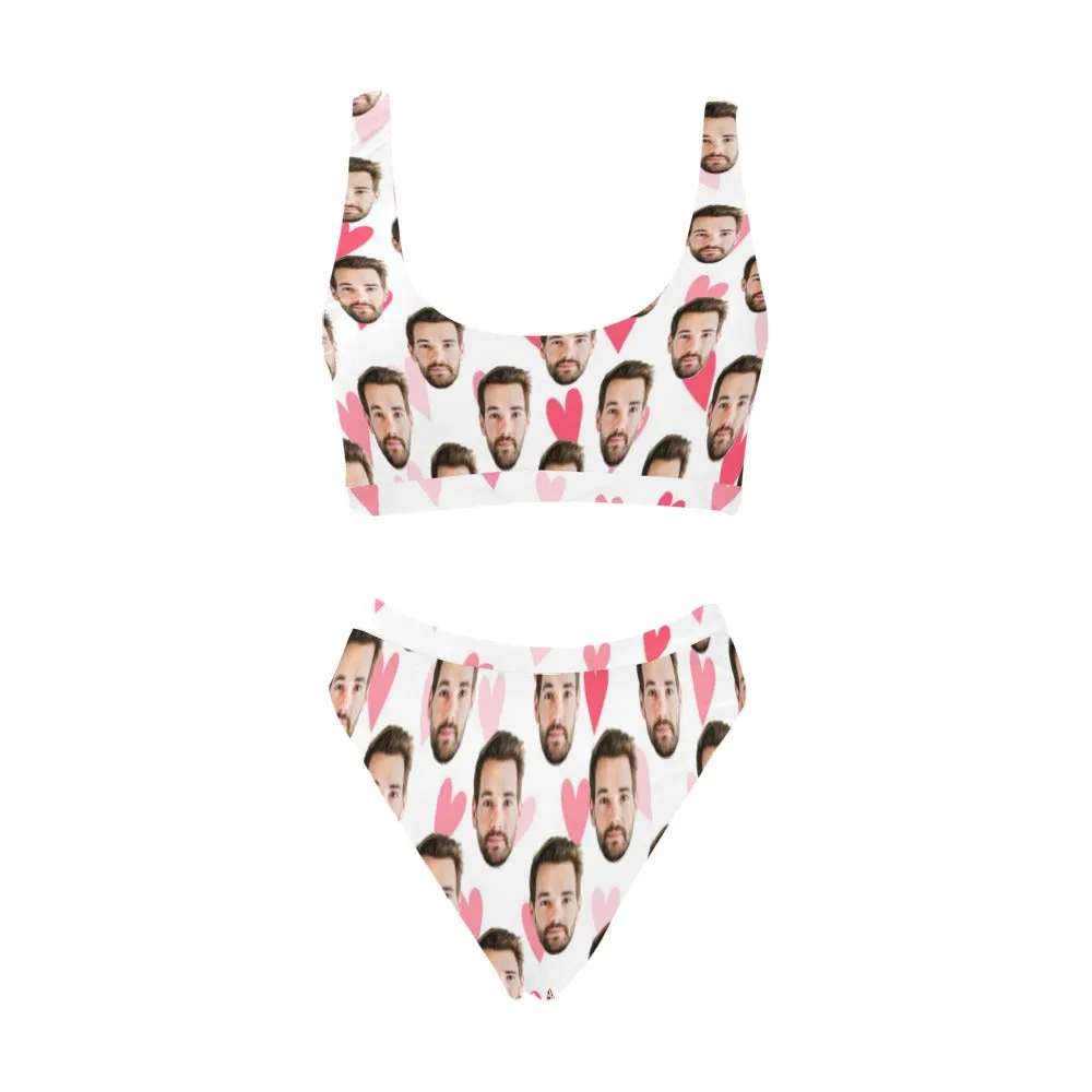 Custom Photo Face Print Bikini Set, Personalized White Hearts High Waisted Bottom Swimsuit Wedding Bride Plus Size Bathing Suit Two Piece