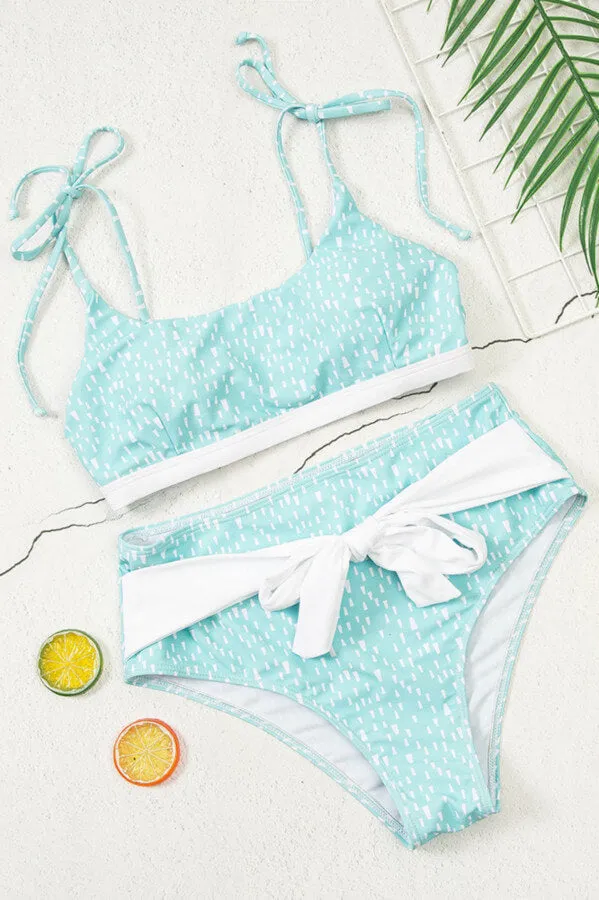 Cute Banded Halter Top Green Polka Dot High Waist Bikini