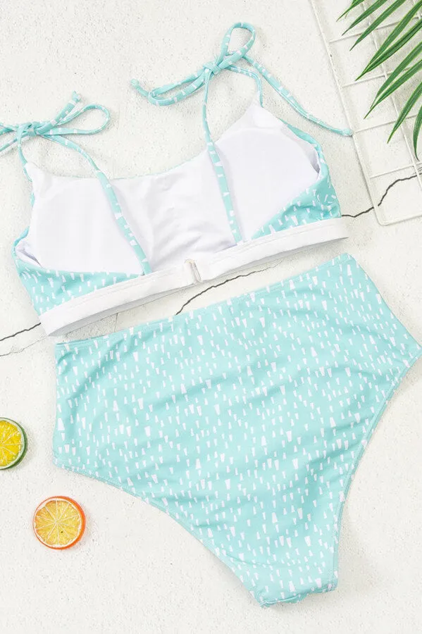 Cute Banded Halter Top Green Polka Dot High Waist Bikini