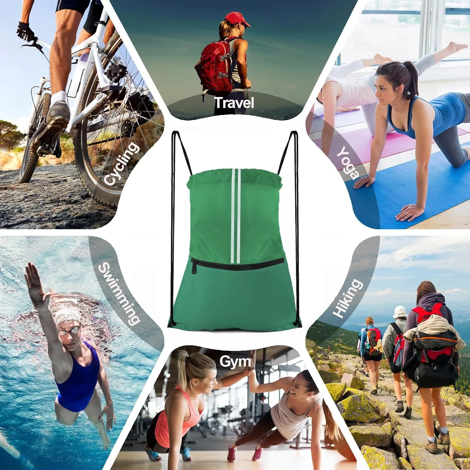 Drawstring Backpack Large Sports Draw String Bag for Women and Men (Green)