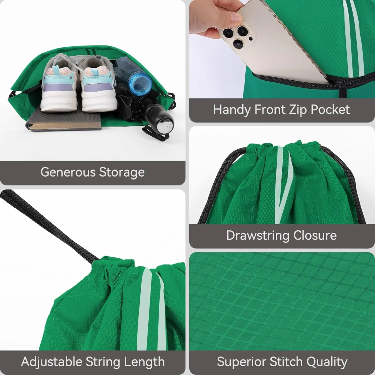 Drawstring Backpack Large Sports Draw String Bag for Women and Men (Green)
