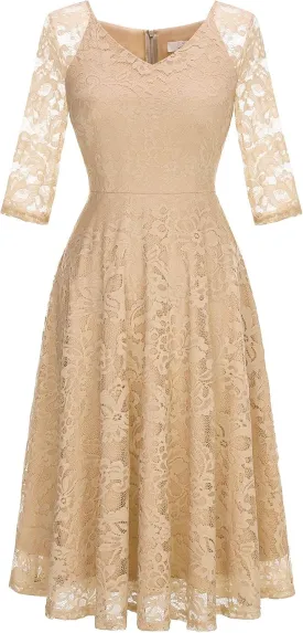 Dressystar Womens Long-Sleeve Wedding Guest Dress A-Line Lace Formal Party Cocktail Midi Dress Prom Gown