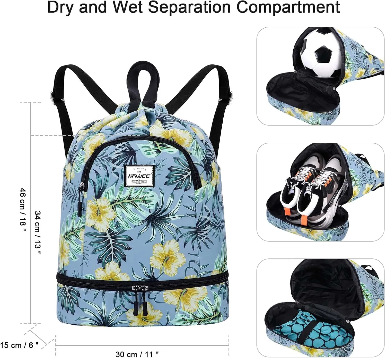 Dry Wet Drawstring Backpack with Shoe Compartment for Women Adjustable Gym Bag