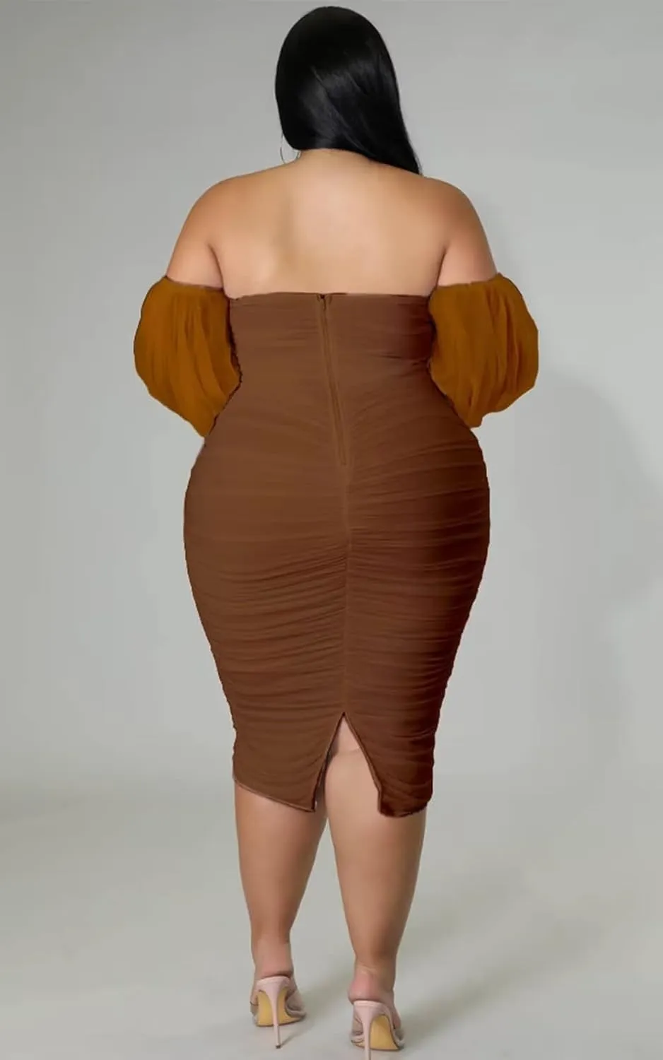 EDITCOZY Women Plus Size Off Shoulder Mesh Long Sleeve Bodycon Club Cocktail Ruched Midi Dress