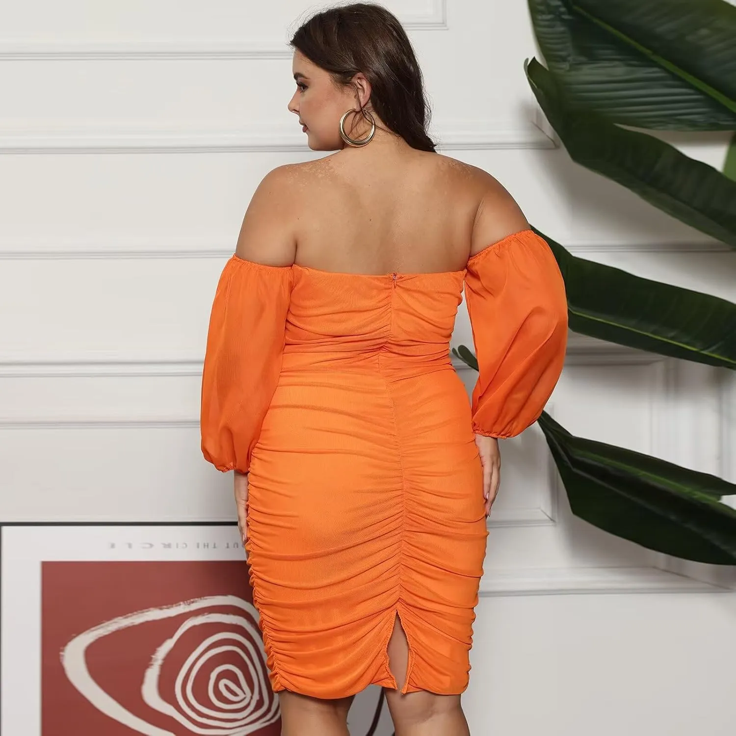 EDITCOZY Women Plus Size Off Shoulder Mesh Long Sleeve Bodycon Club Cocktail Ruched Midi Dress