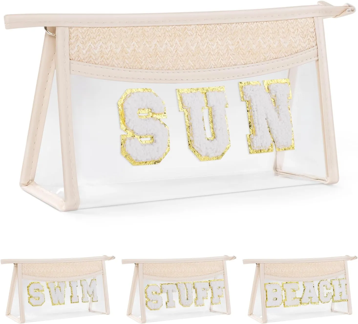Etercycle Boho Patch SUN Cosmetic Bag, Transparent PVC Travel MakeUp Pouch Waterproof Toiletry Organizer, Small Chenille Varsity Letter Patch Bag Woven Makeup Bag